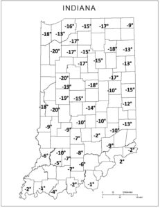 Indiana state map with low temperatures noted