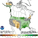 Figure 1. Climate outlook for August 22-28, 2019 that indicates the probability for either above- or below-normal temperature (left) and precipitation (right).