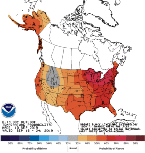 Map of U.S. indicating 8-14 day temperature outlook 