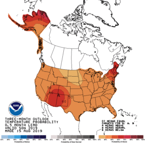 Map of U.S. indicating 3 month temperature outlook 