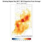 Figure 3. Modified growing degree day (50°F / 86°F) accumulation from April 15-July 6, 2022, represented as the departure from the 1991-2020 climatological average.