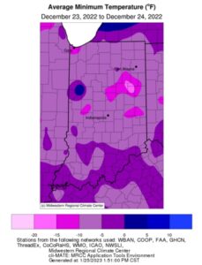 Figure 1. Average minimum temperature in Indiana on December 23-24th, 2022. Photo from Midwest Regional Climate Center.