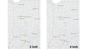 Figure 4: Two-inch (left) and four-inch (right) soil temperatures for stations located at Purdue Mesonet sites in Indiana. Data can be obtained from the Purdue Mesonet Data Hub.