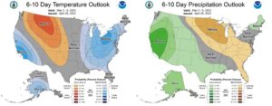 Figure 6: The CPC’s 6–10-day temperature and precipitation outlooks, valid for May 2-6, 2023.
