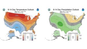 Figure 7: The CPC’s 8–14-day temperature and precipitation outlooks, valid for May 31 through June 6, 2023.
