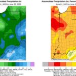Figure 3: Interpolated map displaying accumulated precipitation for June 1-22, 2023 (left). Interpolated map displaying accumulated precipitation as a percent of the 1991-2020 climatological normal (right).