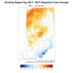 Figure 5. Modified growing degree day (50°F / 86°F) accumulation from April 1-June 6, 2023, represented as the departure from the 1991-2020 climatological average.