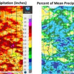 Figure 4: Observed precipitation and percent of mean precipitation for July 18-August 15, 2023 from the Advanced Hydrologic Prediction Service.