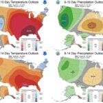 Figure 6: CPC 6-10 day temperature and precipitation outlooks for the United States, valid August 21-25, 2023 (top). CPC 8-14 day temperature and precipitation outlooks for the United States, valid August 23-29, 2023 (bottom).
