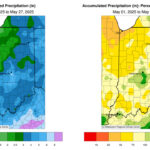 Figure 1: Left - May 1-27, 2025, accumulated precipitation represented as the departure from the 1991-2020 climatological normal. Right - May 1-27, 2025, accumulated precipitation represented as the percent of the 1991-2020 climatological normal.