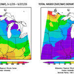 Figure 3: Left – Total MGDD (50°F/86°F) accumulation for May 1-27, 2025. Right – Total MGDD (50°F/86°F) accumulation displayed as the departure from the 1991-2020 climatological normal.