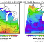 Figure 1: MGDD accumulations and departure from the climatological average for May 1 to June 10, 2025.