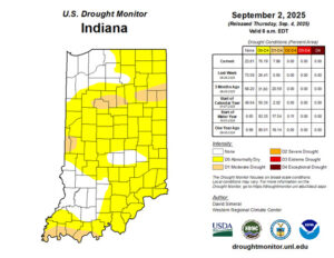 Figure 1: Three-fourths of the state are now abnormally dry, while several counties are also dealing with moderate drought conditions, as indicated by tan shading.