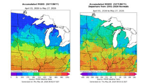 Figure 2: Left – Accumulated Modified Growing Degree Days (MGDD) from April 1 through May 27, 2026. Right – MGDD departures from the 1991–2020 normal for the same period.