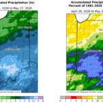 Figure 3: Left – Accumulated precipitation from April 28 through May 27, 2026. Right – Percent of 1991–2020 normal precipitation for the same period.