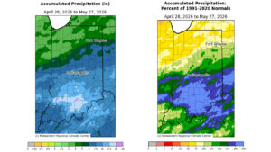 Figure 3: Left – Accumulated precipitation from April 28 through May 27, 2026. Right – Percent of 1991–2020 normal precipitation for the same period.
